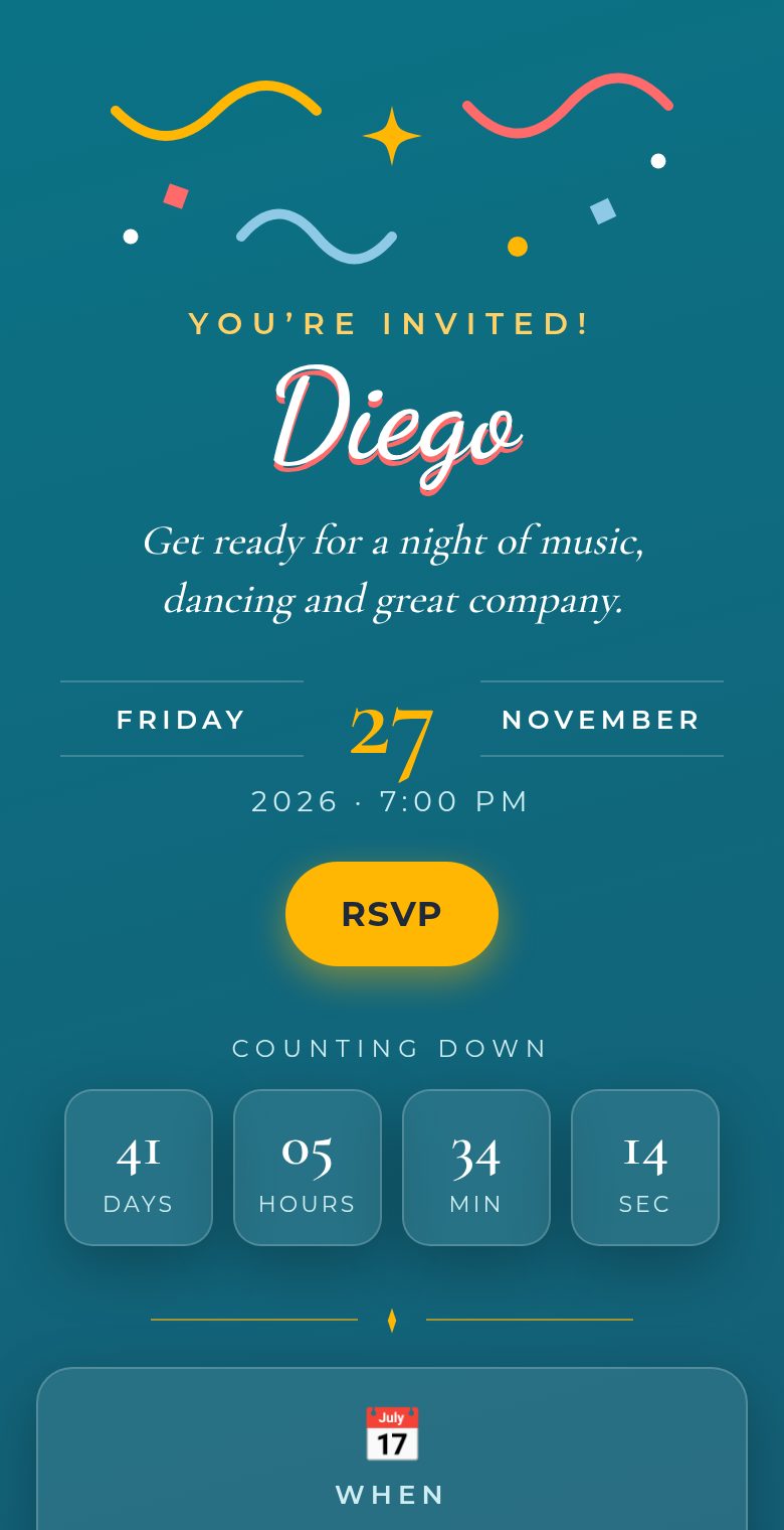 Party digital invitation with RSVP